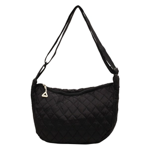 Quilted black nylon crossbody bag with diamond stitch and adjustable strap on white background