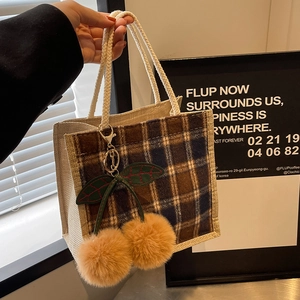 Retro plaid tote bag with plush cherry charm, minimalist Japanese style shoulder handbag