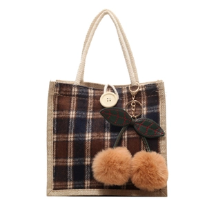 Japanese style checkered lunch tote bag with linen handles and plush cherry charms