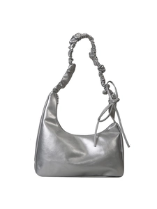 Metallic silver scrunchie handle underarm bag with bow detail and crescent shape