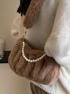 Elegant Faux Fur Shoulder Bag With Artificial Pearl Chain Ruched Cloud Bag Fashion Plush Crossbody Bag For Autumn Winter Women
