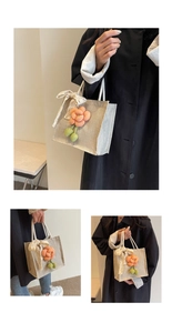 Detail of linen tote bag featuring knit floral accents and an elegant lace bow on handle