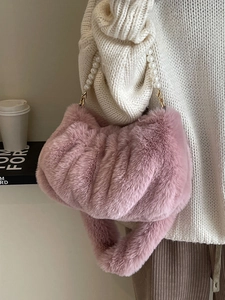 Chic lavender plush cloud bag with large pearl strap and soft ruched faux fur design