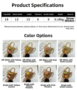 Detailed size chart and multi-color options for the handmade woven straw summer handbag