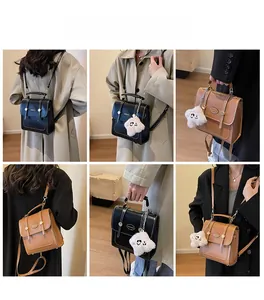 Collage of model carrying vintage small backpack in black and brown styles with teddy charm