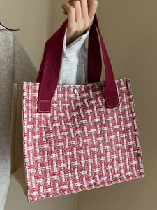 Vintage Tweed Woven Tote Bag For Women Cotton Linen Canvas Spliced Handbag Large Capacity Commuting Daily Office Carrying Bag