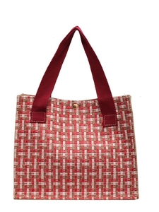 Red and white checkered woven tote bag with red handles and a gold buckle closure