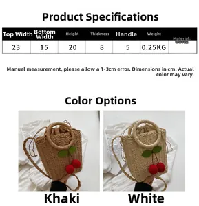 Detailed size chart and dimensions for the mini straw tote bag with cherry charms