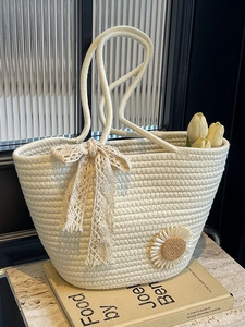 Women Handwoven Large Capacity Cotton Rope Tote Bag Vintage Pastoral Floral Lace Bow Shoulder Bag For Beach Vacation Daily