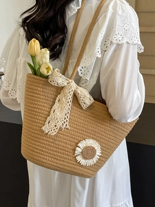 Large capacity handmade woven tote bag with lace bow and daisy floral decoration
