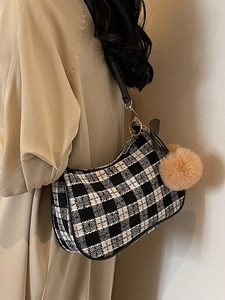 Vintage Plaid Woolen Underarm Bag For Women Fashion Hobo Crossbody Bag With Cherry Plush Charm Shoulder Bag Handbag