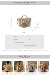 Size guide for hand-woven straw bag with detailed 24x24cm measurements and color options
