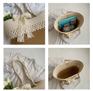 Détail du sac de plage tressé montrant l'intérieur spacieux et le nœud en dentelle
