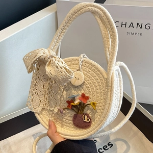 Sac à Bandoulière Rond Tissé à la Main pour Femme Avec Nœud en Dentelle Décoration Florale Petit Sac Bandoulière en Corde de Coton