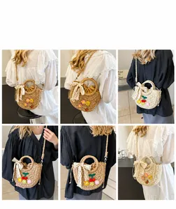 Detailed multi-angle view of a straw basket bag with lace bow and floral embroidery details