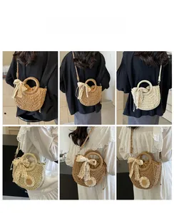 Handmade woven crossbody bag with lace bow and daisy floral detail shown in various styles