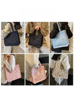 Collage showing 3D floral lace tote bags in black, blue, pink, and beige colors