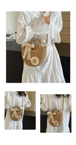 Detail of handmade straw bag with lace bow and daisy floral applique for women