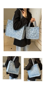 Detail of light blue jacquard tote bag with 3D floral texture and woven strap handles