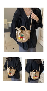 Detail of straw woven bag with 3D floral cherry decor and white lace bow detail