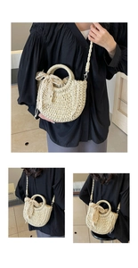 Close-up of handwoven straw bag featuring lace bow detail and drawstring liner