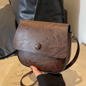 Vintage PU Leather Shoulder Bag For Women Retro Saddle Crossbody Bag With Stitching Flap Small Square Handbag