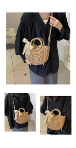 Detail of handmade straw half-moon bag featuring a lace bow and crossbody strap