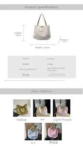 Detailed size chart and multi-color options for large capacity canvas tote bag for women
