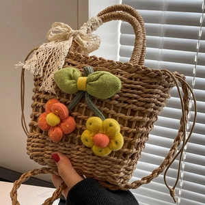 Handwoven Straw Shoulder Bag For Women Summer Beach Vacation Hollow Out Bucket Bag With Floral Decoration And Lace Bow