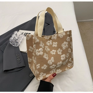Detail of floral canvas tote bag showing the 3D texture and gold magnetic button