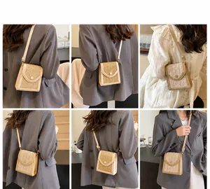 Detail shots of straw and PU leather woven mini crossbody bag shown from multiple angles