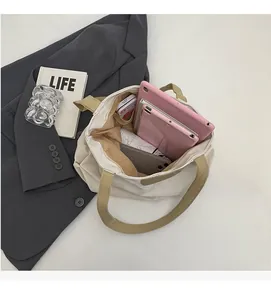 Internal view of a spacious canvas tote bag showing tablets, umbrella and pocket organizers