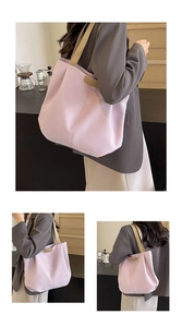 Detail of light pink tote bag with FASHION leather patch and wide woven handles