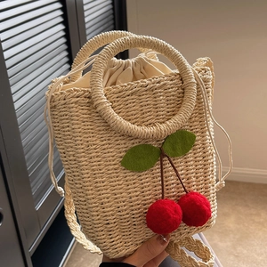 Niche High End Straw Woven Crossbody Bag For Women Vacation Style Handmade Cherry Decor Drawstring Shoulder Bag Summer Beach Travel Purse