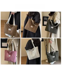 Collage of large corduroy tote bags in brown, green, and pink showing the textured fabric