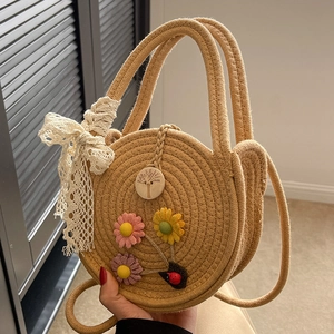 Handgefertigte Runde Schultertasche Aus Baumwolle Für Damen Bohemian Stil Mit Blumen Und Spitze Schleife Sommer Strand Handtasche