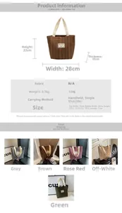 Detailed size chart for corduroy tote bag showing 28x22x10cm dimensions and strap height