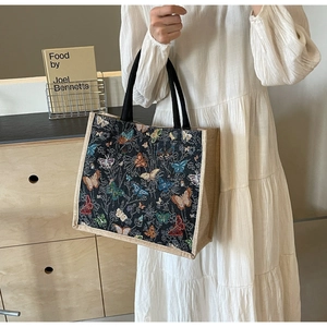 Grand sac cabas en toile avec imprimés papillons colorés et anses en corde tressée