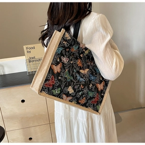 Grand sac cabas avec broderie papillon et bordure en toile de jute naturelle