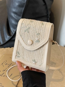 Sac De Téléphone Portable Pour Femmes en Paille Tissée Avec Broderie Florale Petit Sac Carré Bordure en Cuir PU Sac À Bandoulière Vacances Été
