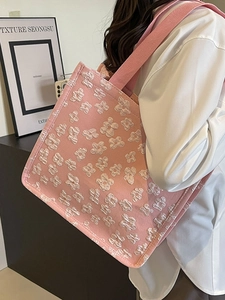 Pink canvas tote bag with 3D floral embroidery for commute and daily student use