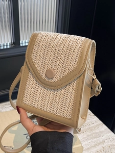 Handmade woven crossbody bag for women in beige and khaki with adjustable strap