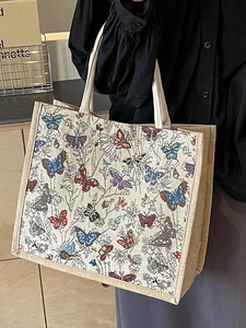 Sac Fourre-Tout Grande Capacité à Motif Papillon Jacquard en Coton et Lin Sac à Bandoulière de Banlieue pour Femme Shopping