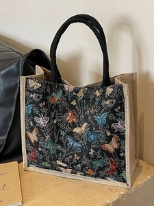 Grand sac cabas en jacquard avec motifs papillons colorés et bordure en jute