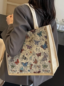Grand sac cabas en toile beige avec imprimé papillon pour femme style décontracté