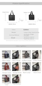 Size chart showing large and small ethnic tote bag dimensions and five color options