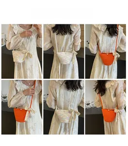 Detailed views of hand-woven crossbody bags with lace bows and vibrant summer textures