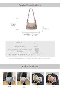 Guide des tailles du sac baguette en cuir PU avec dimensions 23x14x7cm et quatre couleurs