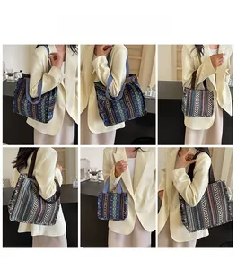 Ethnic print canvas tote bags in various sizes shown on a model in a six-grid layout