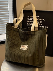 Large capacity vintage dark green corduroy tote bag with ivory straps and brand label